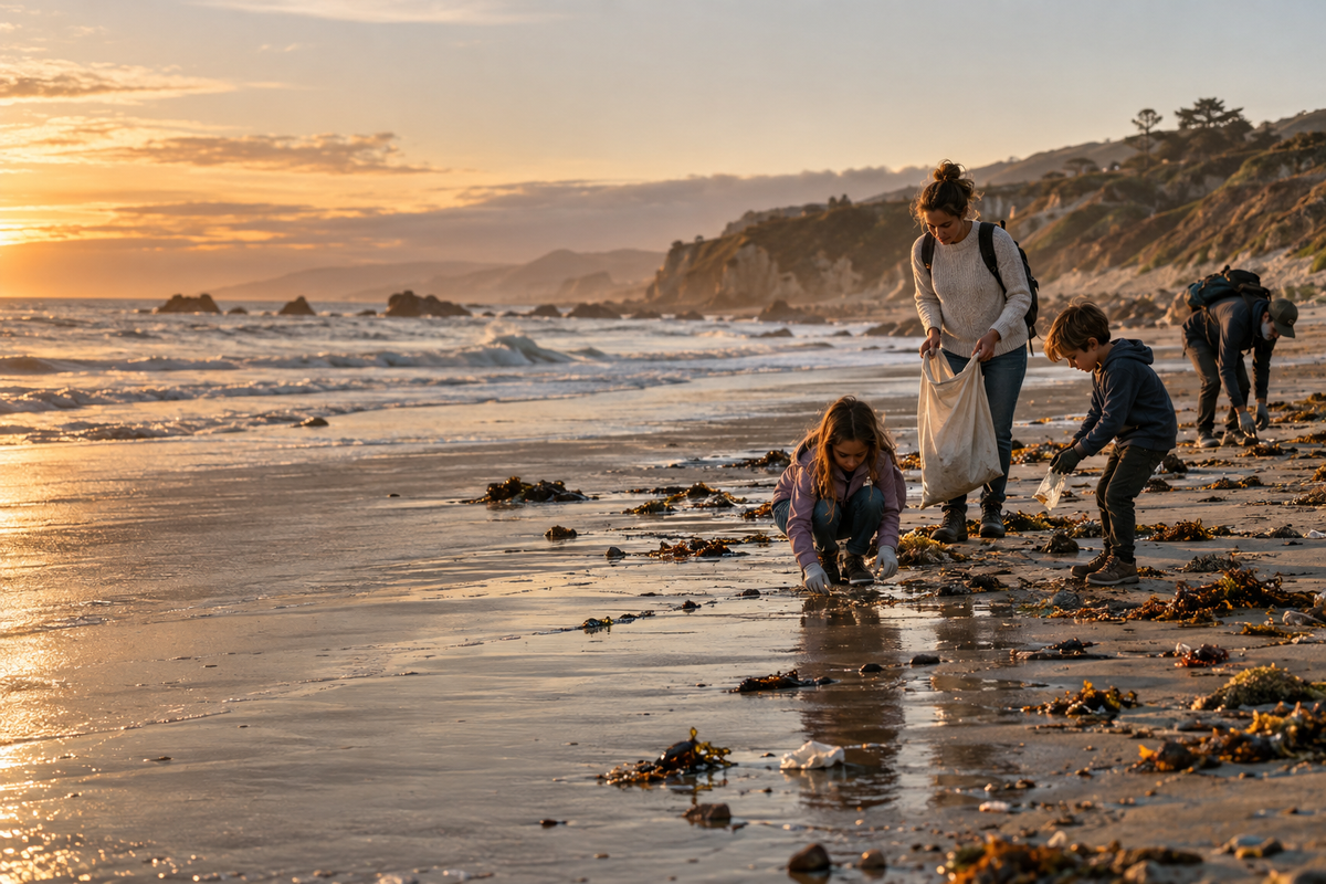 A family and neighbors collecting litter together on a Pacific beach